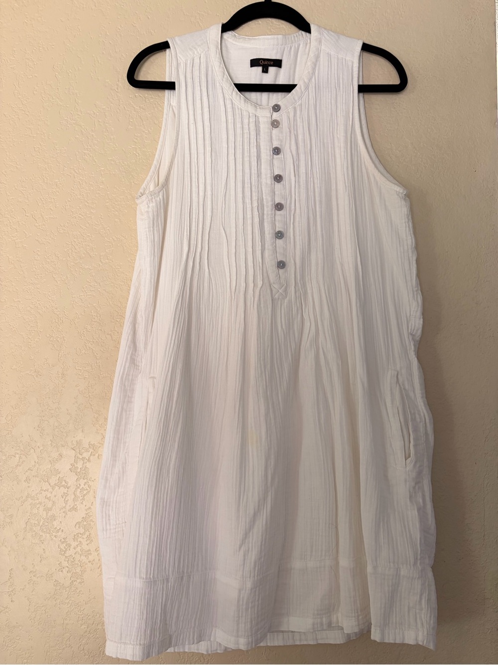 Quince White Sleeveless Textured Cotton Midi Dress with Button Placket